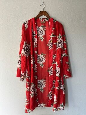 Women's Floral Red Semi Sheer Robe by Jorja | Medium